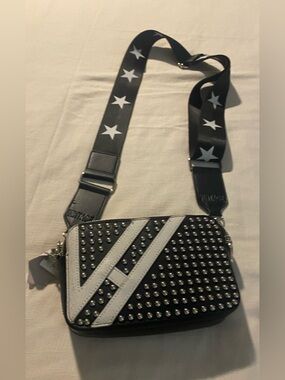 Black Studded Crossbody Bag with White Stripe and Star Strap